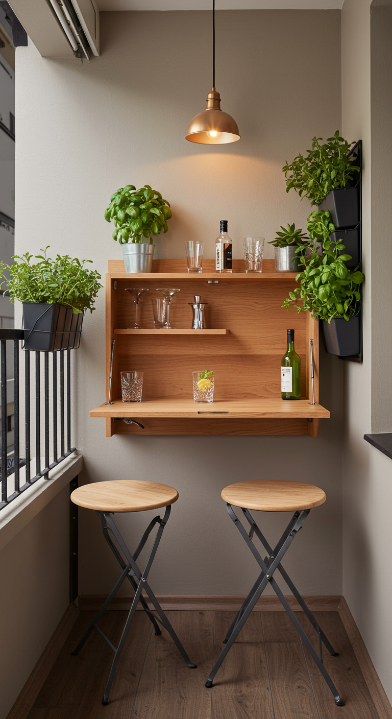 Platzsparende Wandbar aus Holz zum Ausklappen auf einem schmalen Balkon.