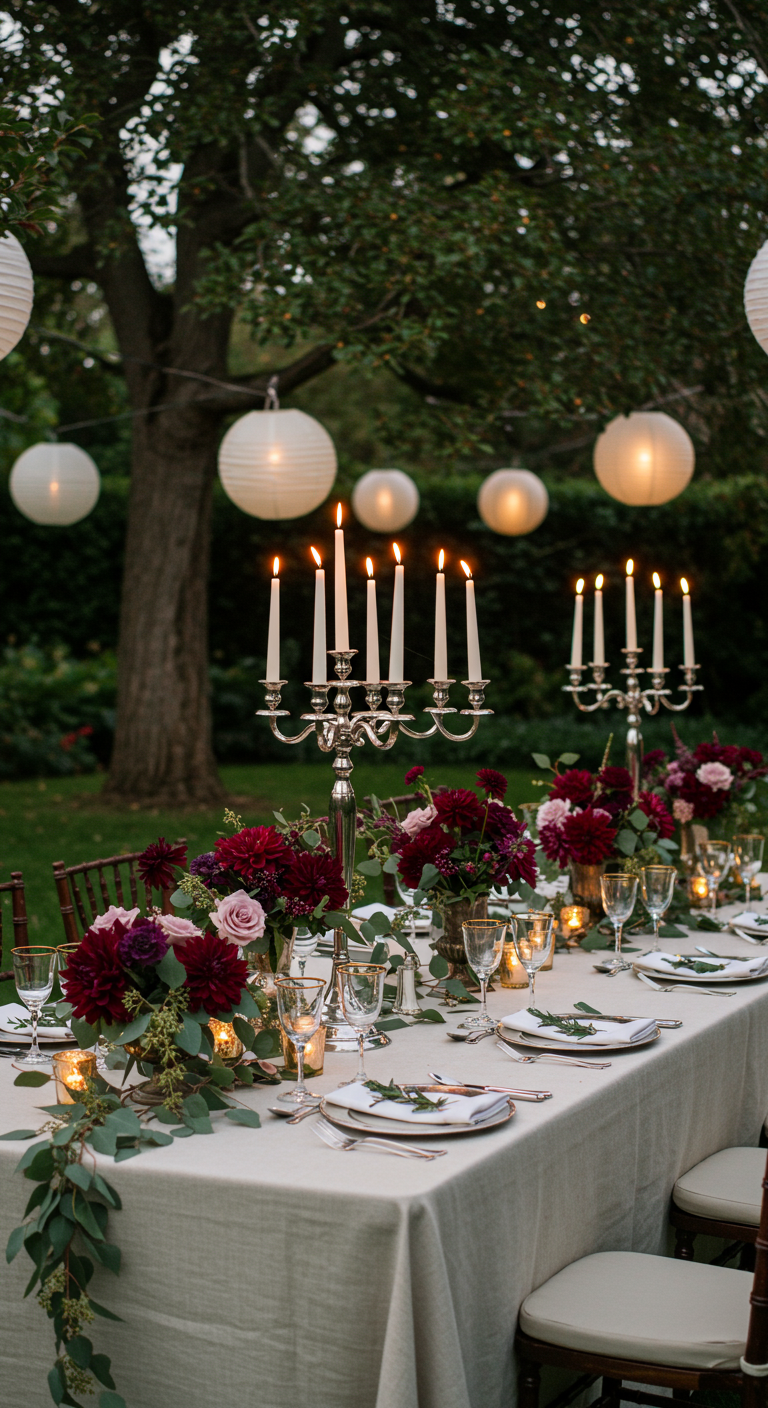 Elegant gedeckter Gartentisch mit hohen Kerzenleuchtern, Eukalyptus und weißen Lampions.