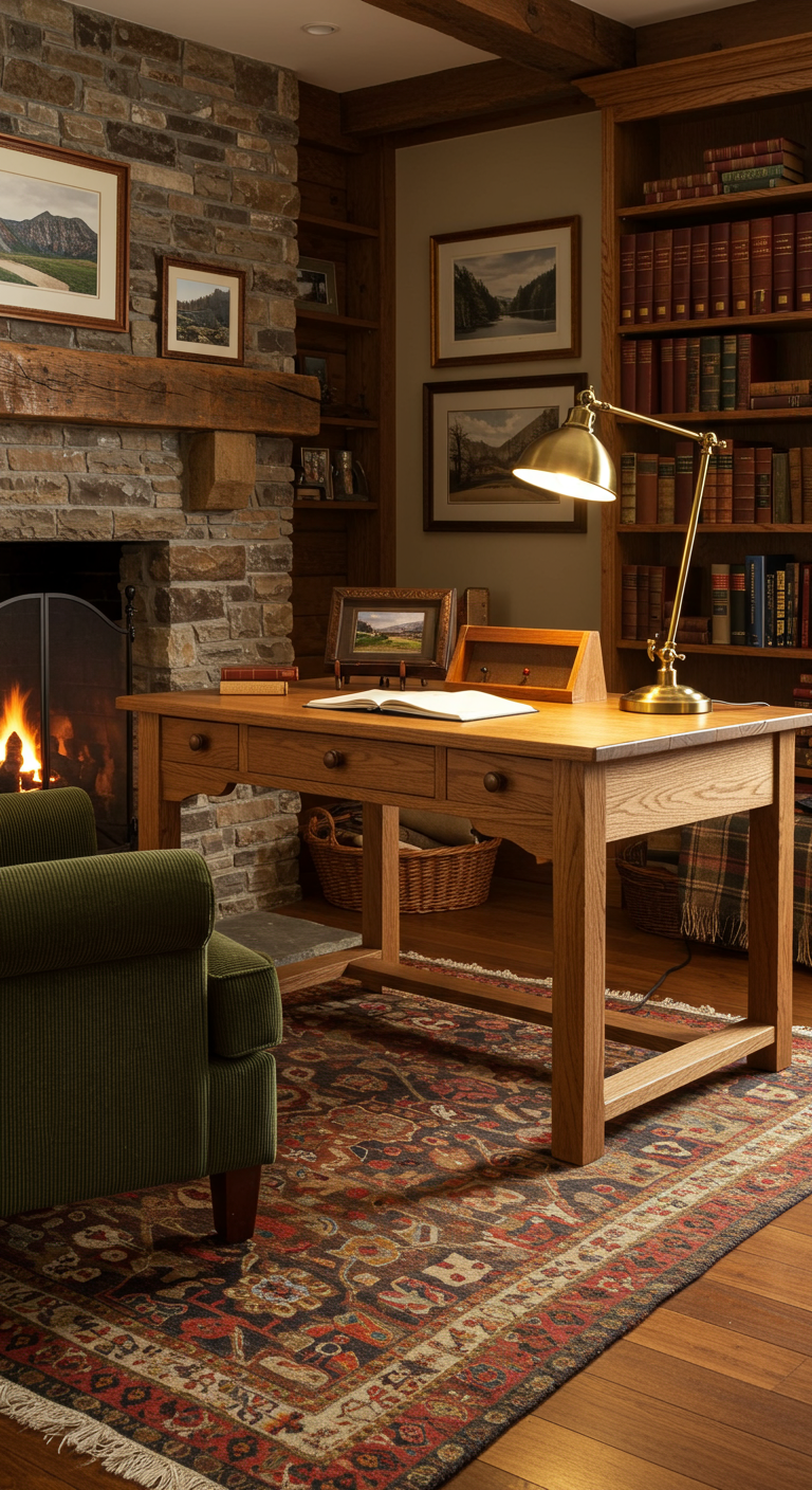 Traditionelles Home Office mit Holzschreibtisch vor Bücherregalen und Kamin.