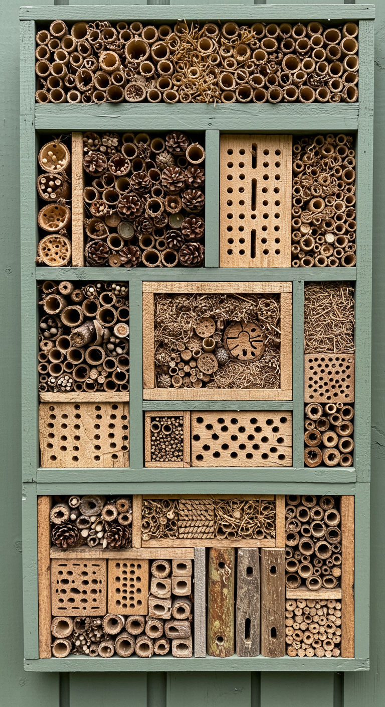 Modernes Insektenhotel mit verschiedenen Fächern, gefüllt mit Naturmaterialien.
