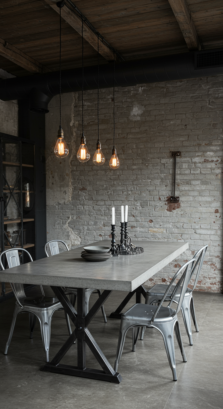 Industrial Esszimmer mit Betontisch und Metallstühlen