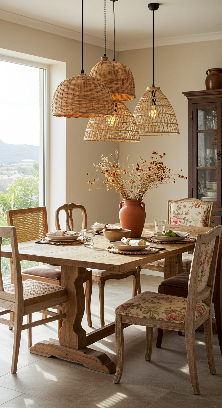 Essbereich mit Holztisch, gemischten Stühlen und Rattan-Pendelleuchten.