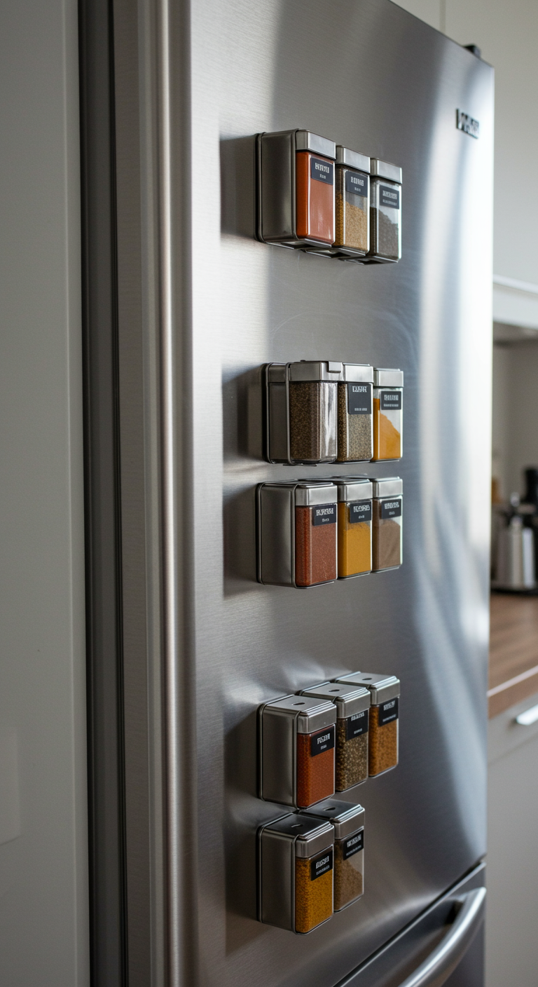 Magnetische Gewürzdosen haften in ordentlichen Reihen an der Seite eines Edelstahl-Kühlschranks.
