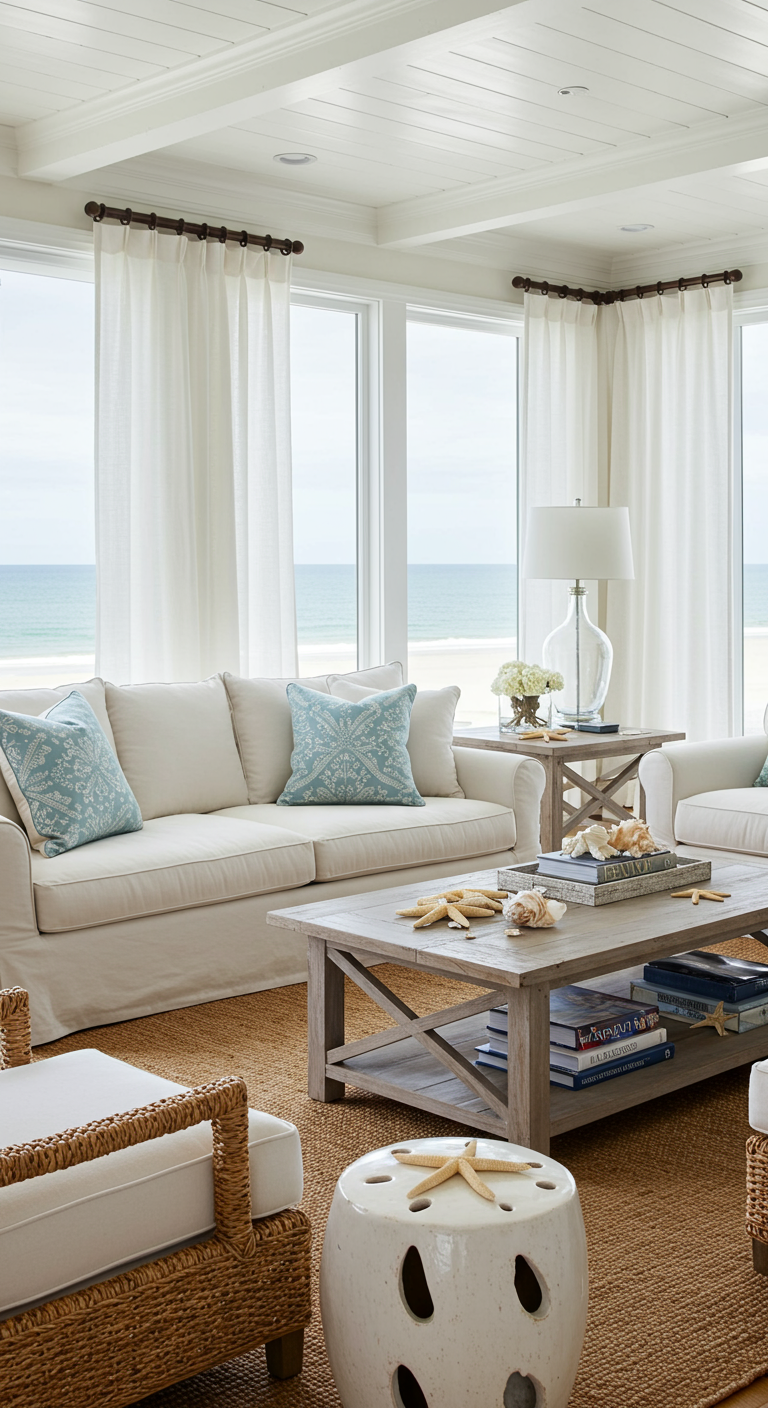 Maritimes Wohnzimmer in Weiß und Blau