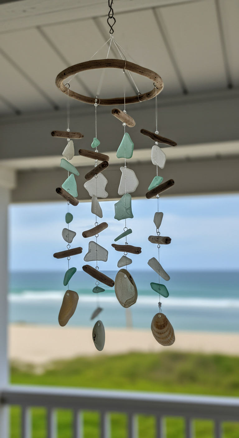 Selbstgemachtes Windspiel aus Seeglas, Treibholz und Muscheln hängt auf einer Veranda mit Meerblick.