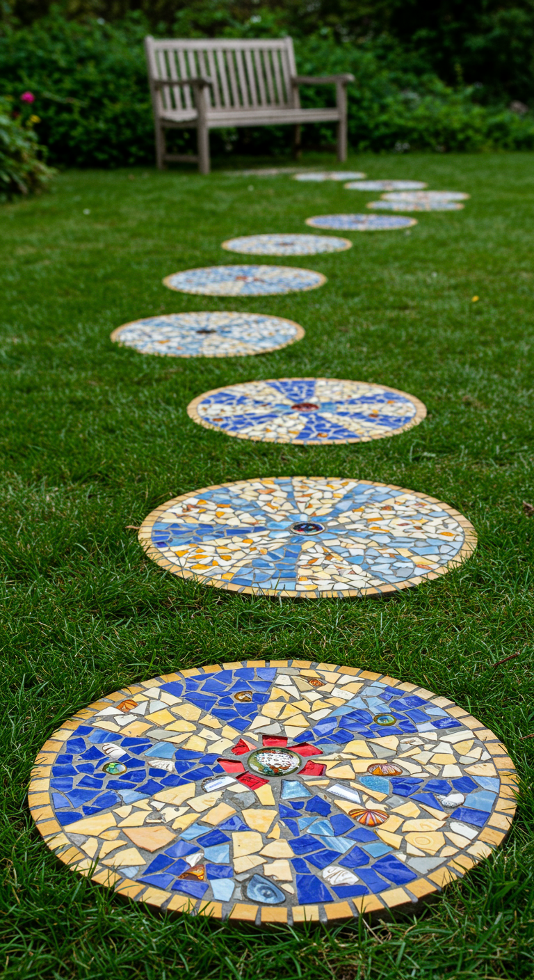 Runde Trittsteine mit bunten Mosaikmustern auf einem Rasenweg
