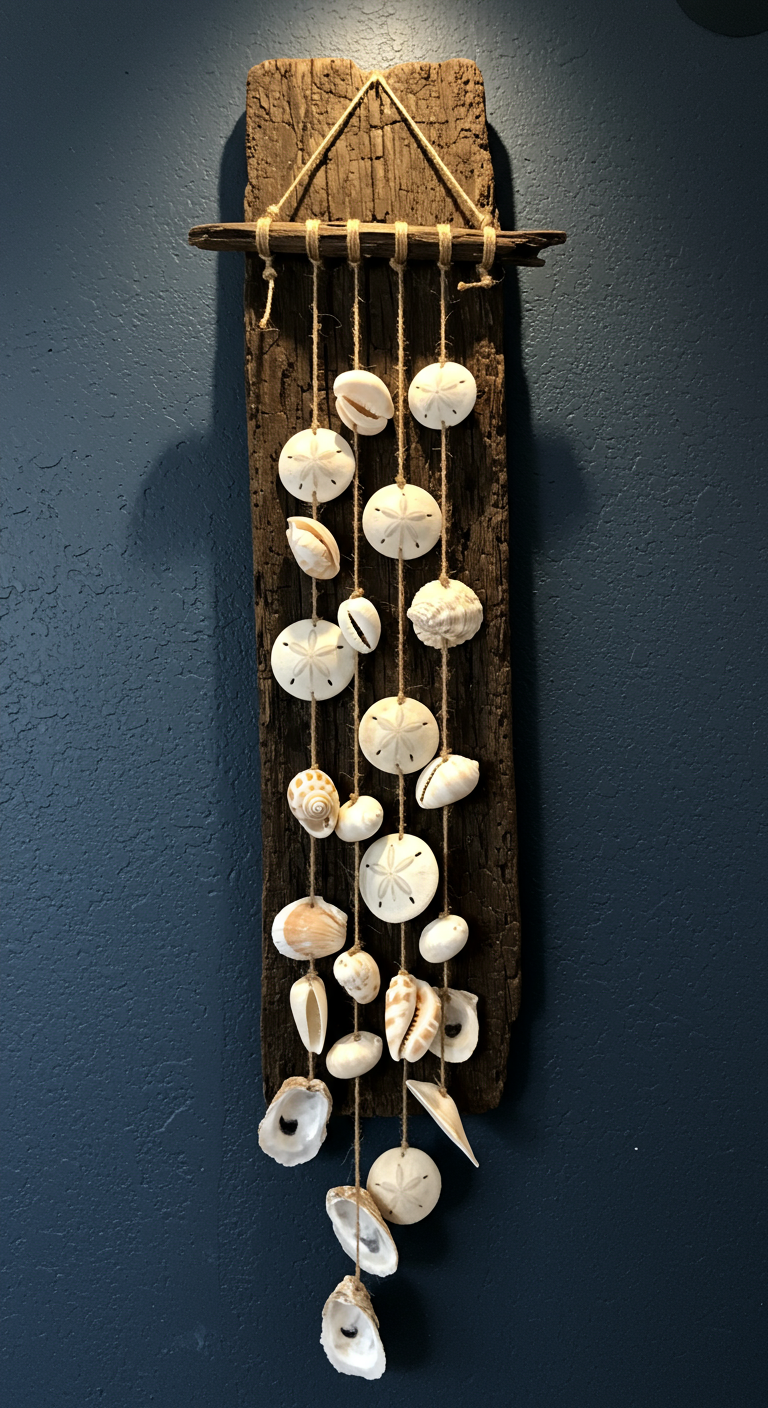 DIY Wandbehang aus Treibholz und Muscheln auf dunklem Holz.