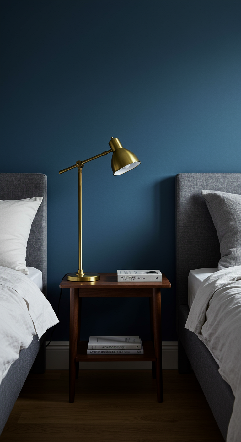 Nachttisch zwischen zwei Betten mit einer goldenen Lampe und Büchern.