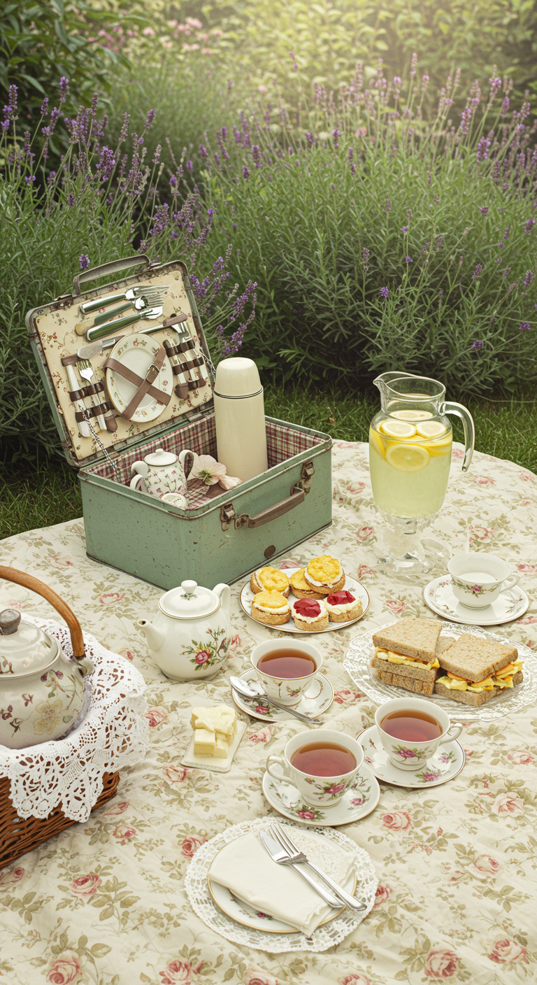 Vintage-Picknickkoffer, Teetassen, Teekanne, Scones und Sandwiches auf einer geblümten Decke im Garten.