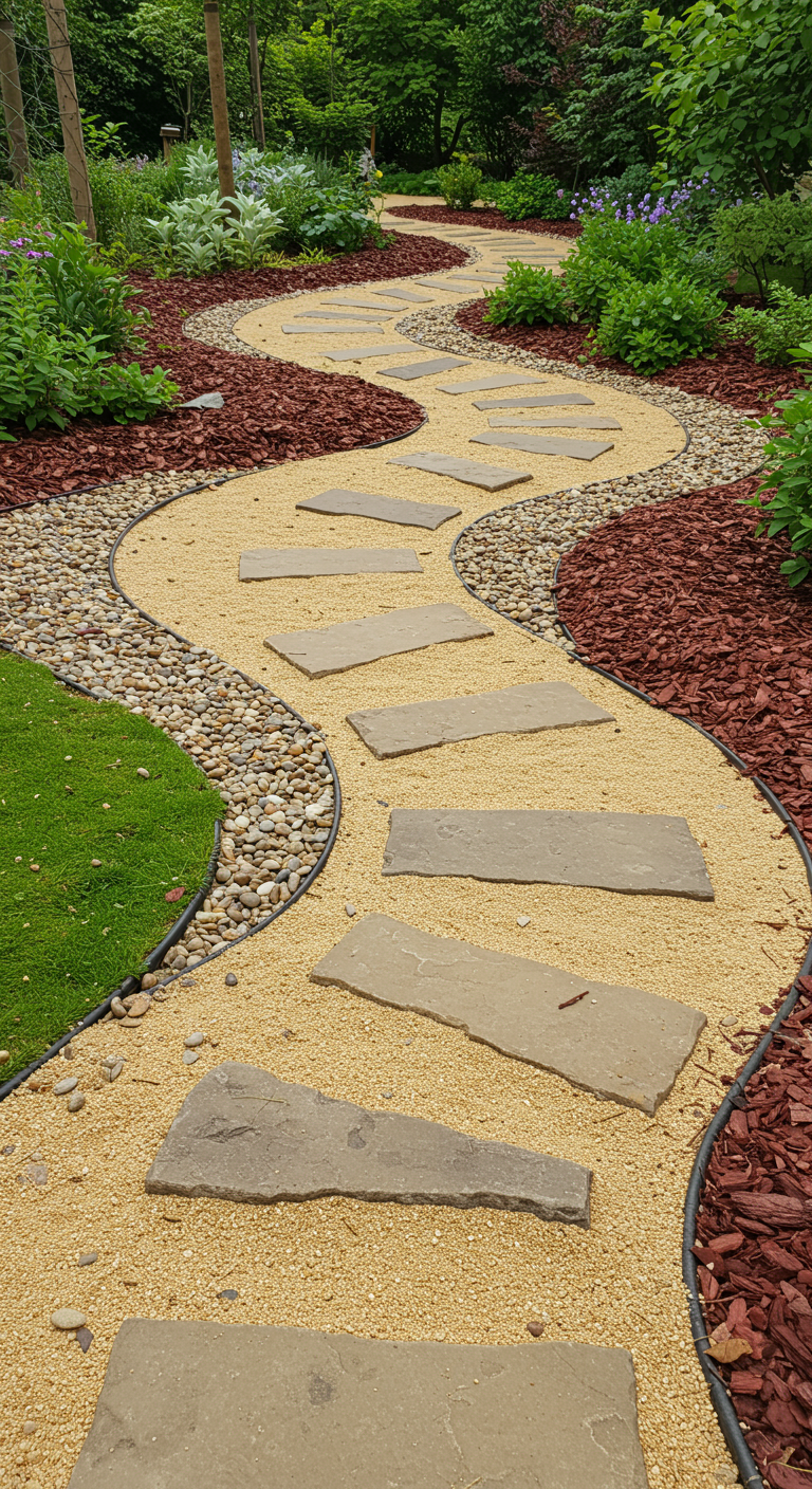 Geschwungener Gartenweg mit Trittsteinen auf Sand, eingefasst von Kies und Rindenmulch.