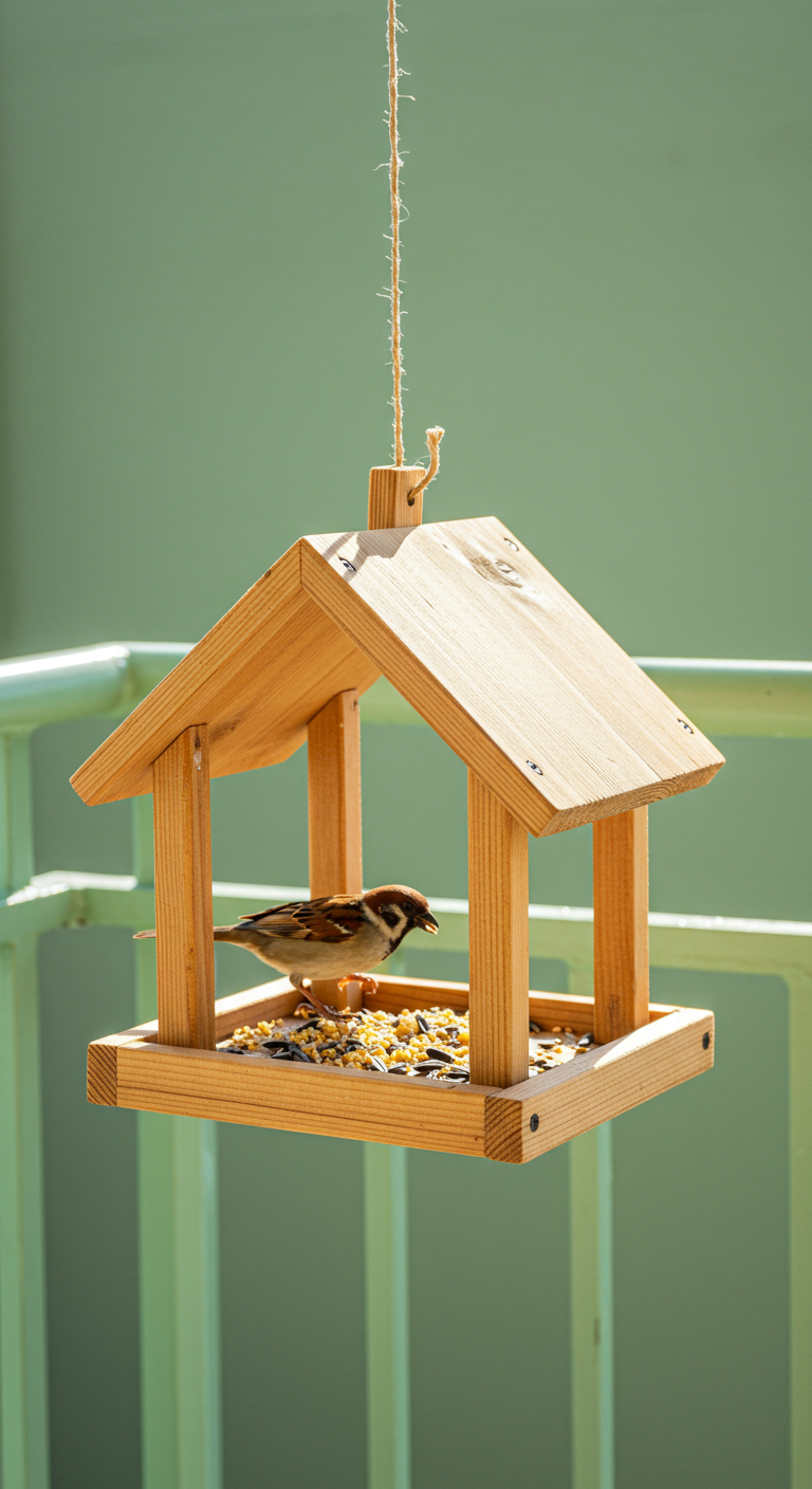 Kleines Holzvogelhaus mit einem Spatz darin hängt an einem Balkongeländer.