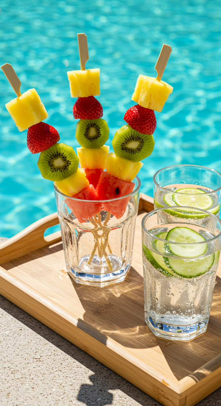 Bunte Fruchtspieße mit Ananas, Erdbeere, Kiwi und Melone in Gläsern.