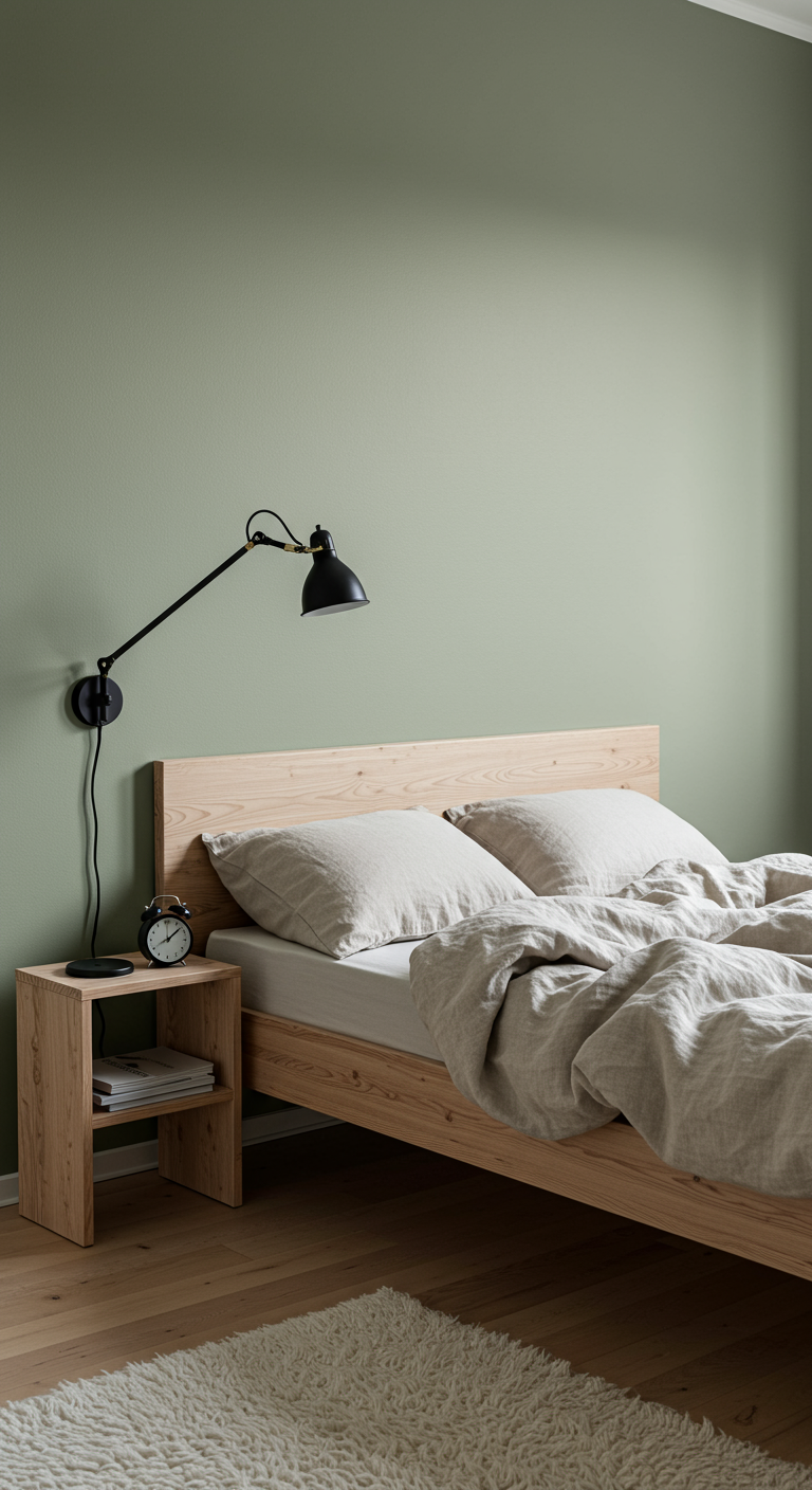 Schlafzimmer mit Holzbett, Leinenbettwäsche und salbeigrüner Wand.