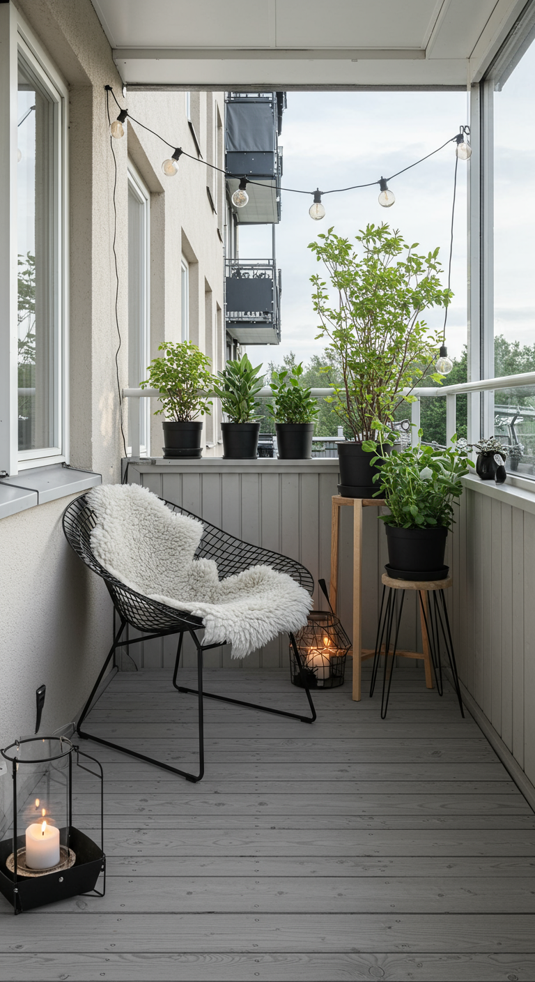 Schwarzer Drahtsessel mit weißem Fell, Pflanzen auf Hockern und Lichterkette auf kleinem Balkon.