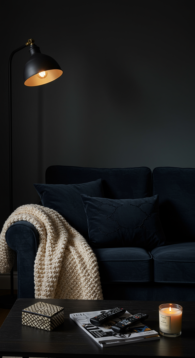 Aufgeräumtes Wohnzimmer-Sofa mit ordentlichen Kissen und gefalteter Decke.