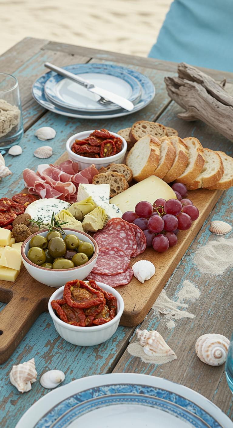 Rustikales Antipasti-Brett mit Käse, Wurst, Oliven und Brot am Strand.