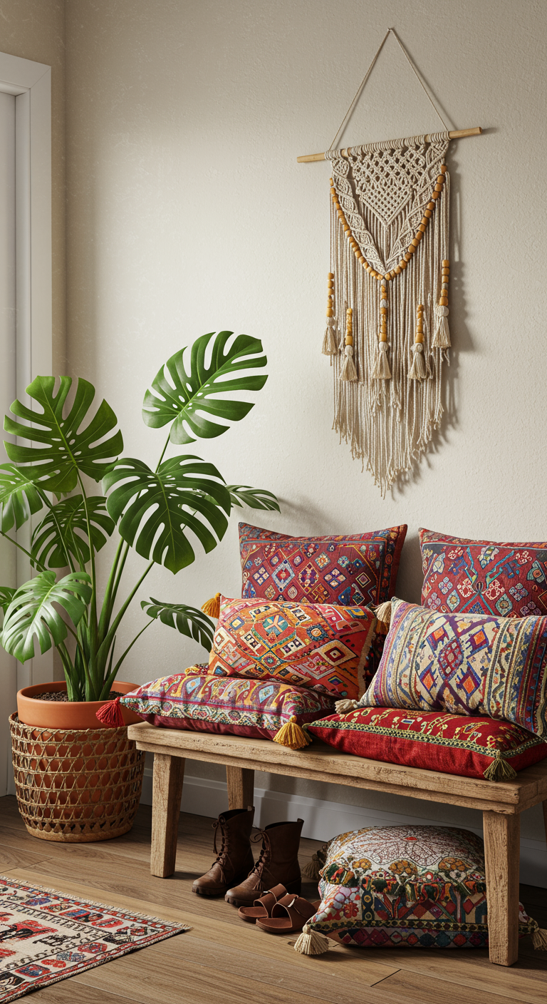 Boho-Eingangsbereich mit Holzbank, bunten Kissen, Makramee und großer Pflanze.