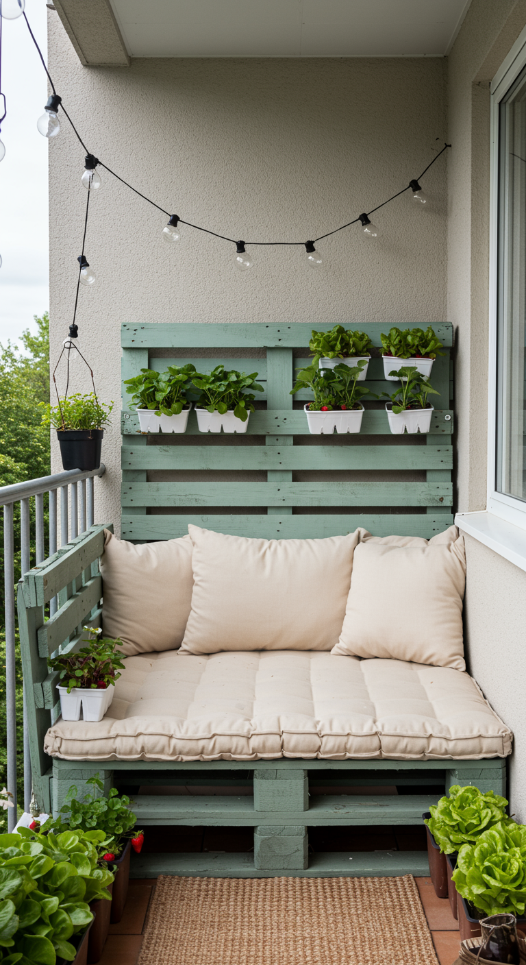 DIY-Palettensofa in Mintgrün mit beigen Polstern, Lichterkette und eingehängten Pflanztöpfen.