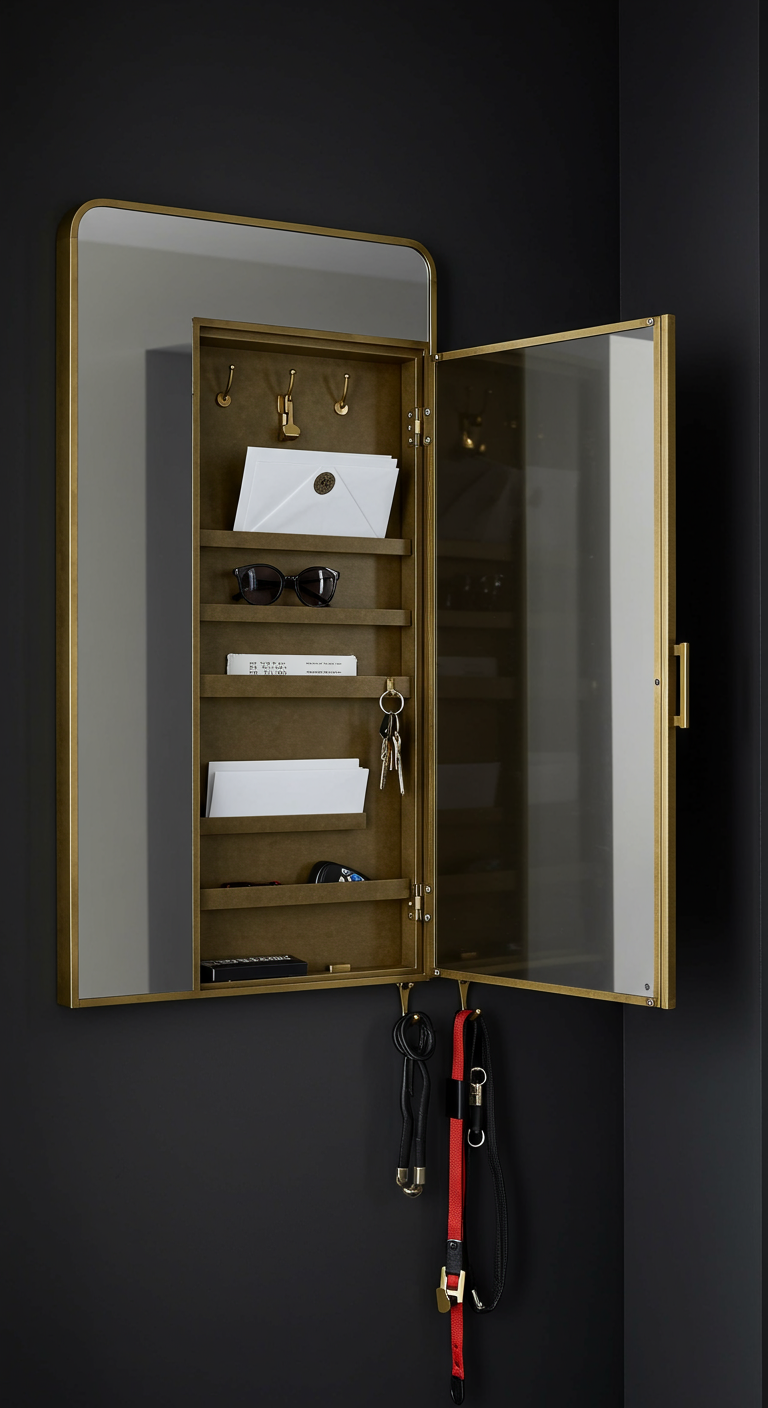 Eleganter Spiegelschrank mit goldfarbenem Rahmen, geöffnet mit Fächern innen.