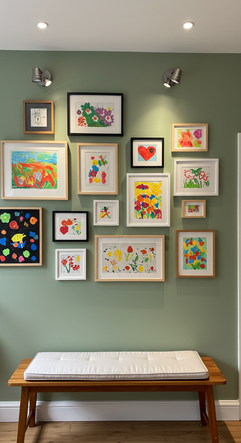 Eine Wand in Salbeigrün mit einer Galerie aus gerahmten Kinderzeichnungen in verschiedenen Größen und Rahmen.