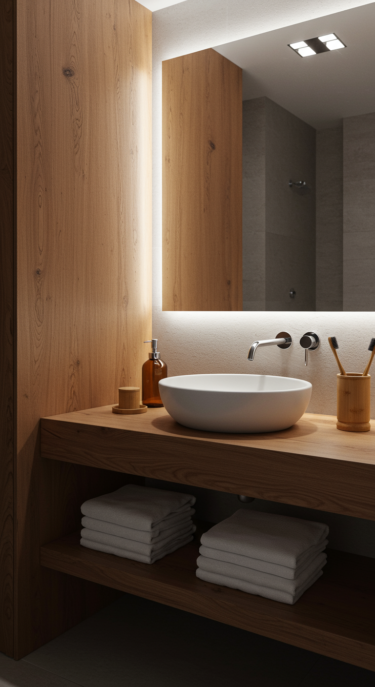 Modernes Badezimmer mit Holz-Waschtisch, Aufsatzwaschbecken und ordentlich gefalteten Handtüchern.