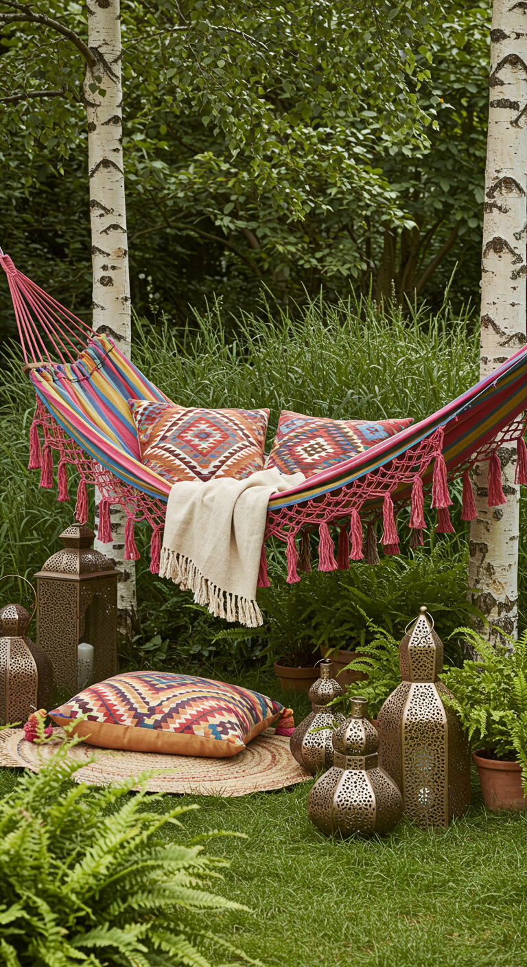 Bunte Hängematte mit Kissen im Boho-Stil zwischen zwei Bäumen