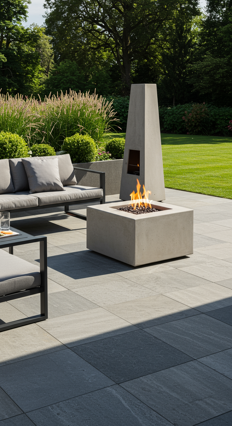 Moderne Feuerstelle und Kamin aus Beton auf einer Terrasse mit Sofa