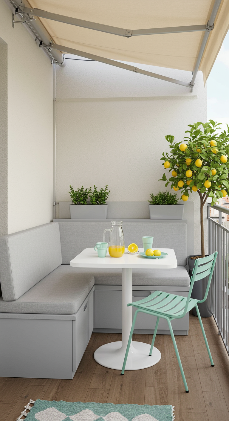 Moderne Balkon-Essecke mit eingebauter Sitzbank mit Stauraum und Zitronenbäumchen.