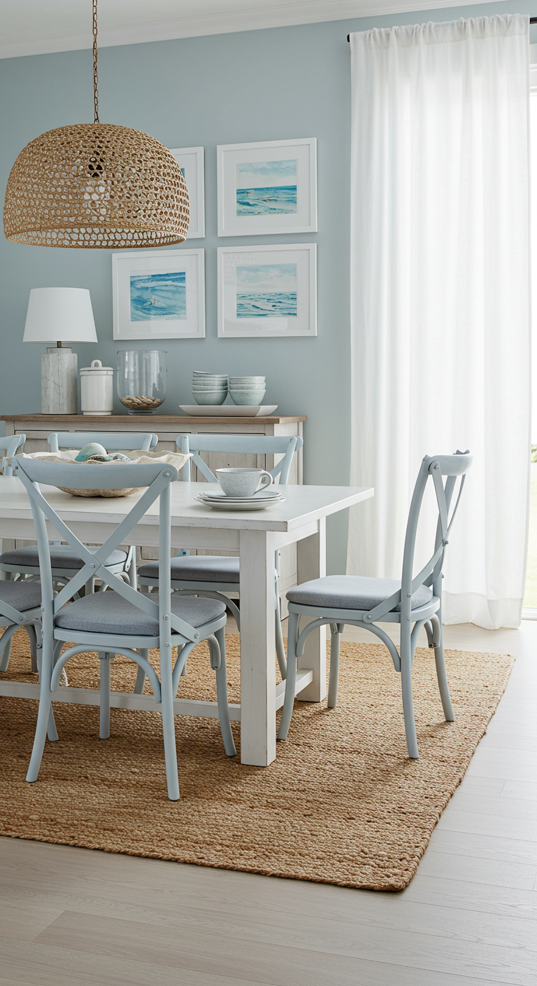 Maritimes Esszimmer in Blau-Weiß mit Korblampe