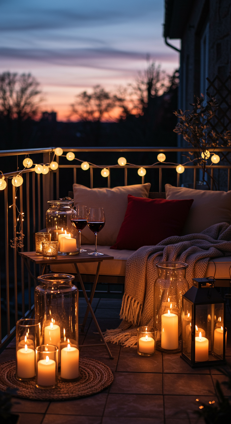 Balkon bei Nacht mit vielen Kerzen, Lichterketten und gemütlichem Sofa.