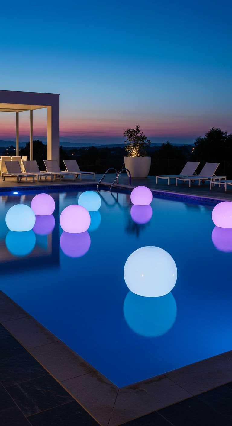 Mehrere große, leuchtende Kugeln in Blau und Rosa schwimmen in einem Pool bei Nacht.