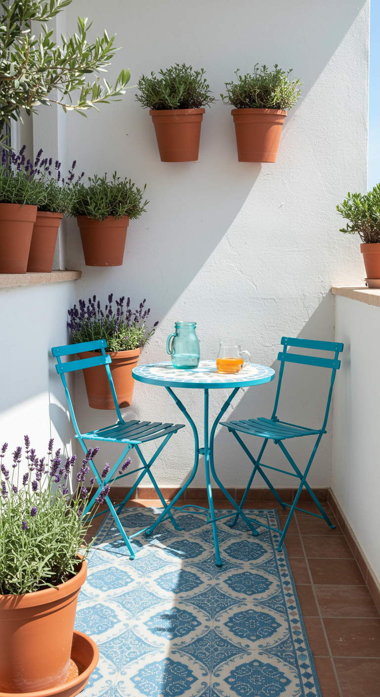 Türkisfarbenes Bistroset auf gemustertem Teppich, umgeben von Lavendel in Terrakotta-Töpfen.
