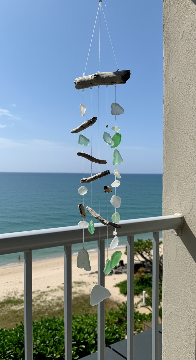 Windspiel aus Treibholz und Seeglas hängt an einem Balkongeländer mit Meer im Hintergrund.