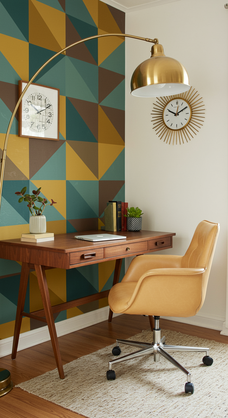 Home Office im Mid-Century-Stil mit gemusterter Tapete und gelbem Stuhl.