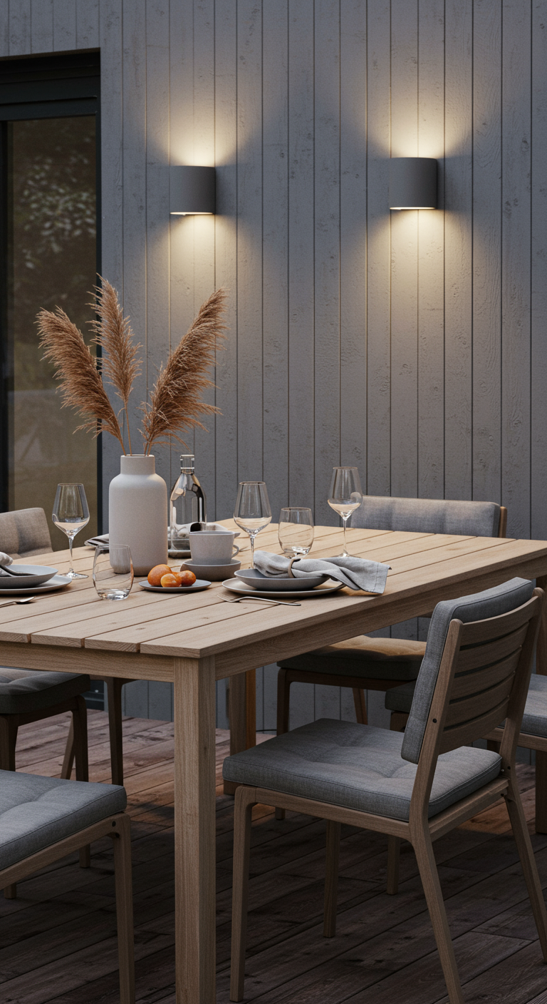 Modern gedeckter Holztisch auf einer Terrasse mit minimalistischer Deko und Wandleuchten.