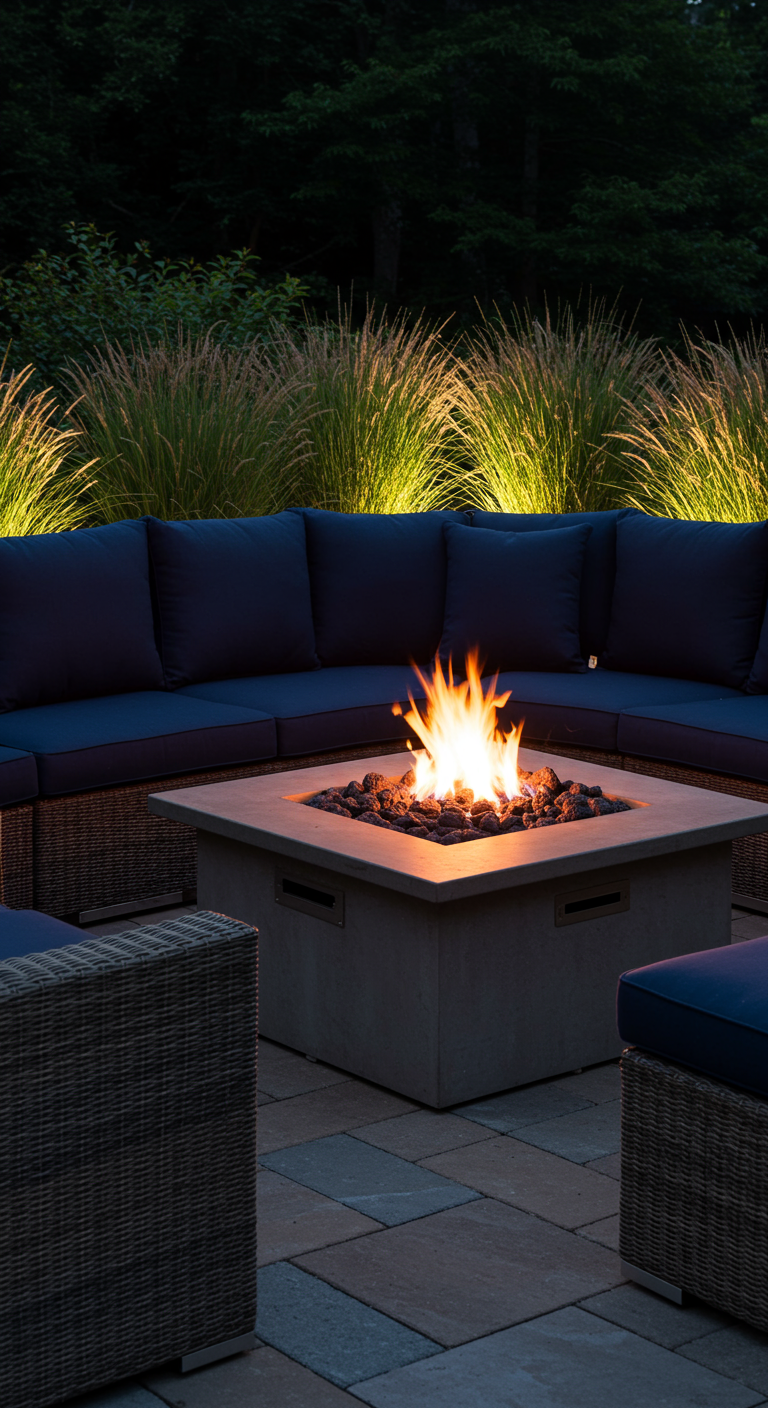 Moderne Terrasse mit quadratischem Feuertisch, dunkler Rattan-Lounge und beleuchteten Gräsern.