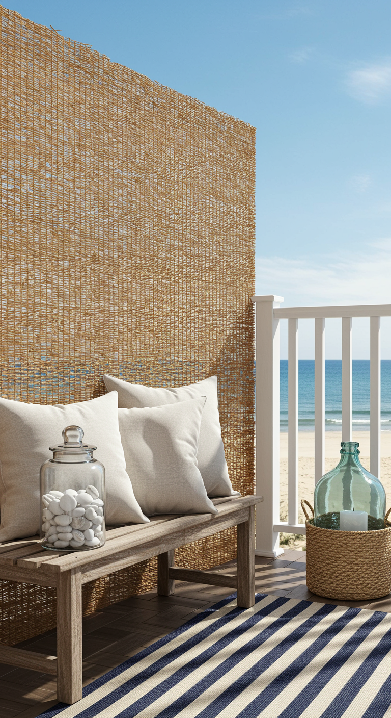 Hohe Schilfmatte als Sichtschutz neben einer Holzbank auf einem Balkon am Meer