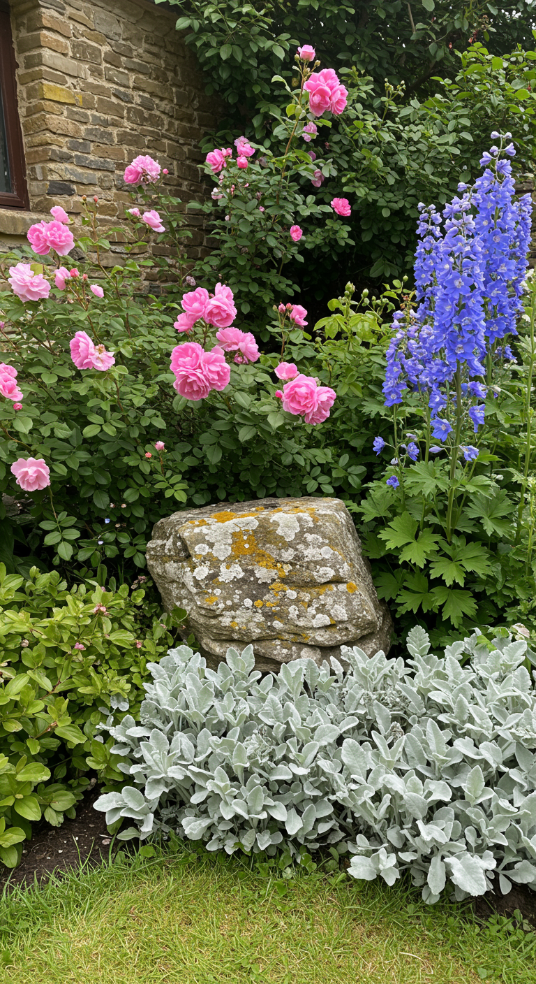 Verwitterter Findling mit Flechten, umgeben von blühenden rosa Rosen und silbrigem Laub.