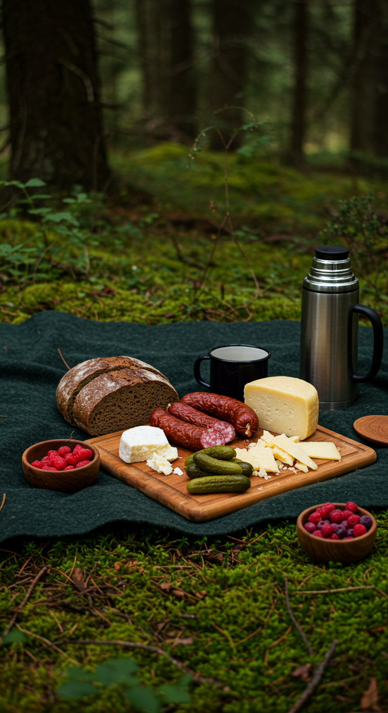 Rustikales Picknick im Wald auf dunkler Decke mit Brot, Wurst, Käse, Gurken und Beeren.
