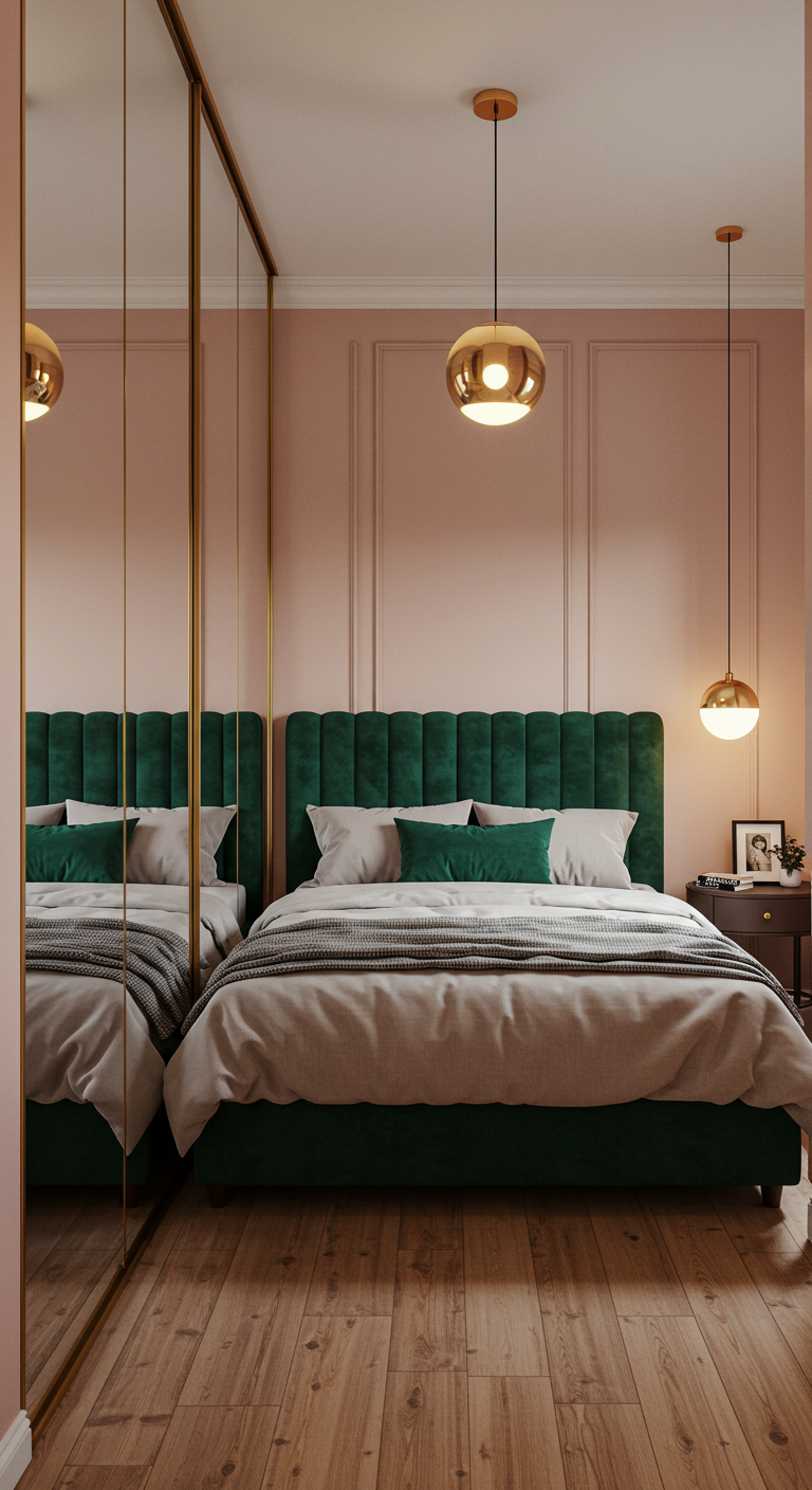 Schlafzimmer mit großer Spiegelwand neben einem grünen Samtbett.