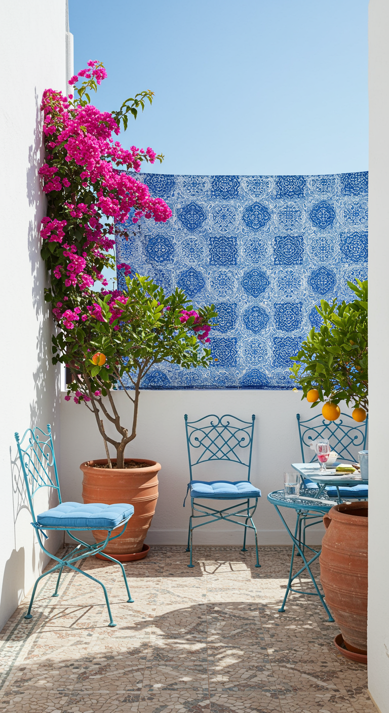 Balkon mit weißer Wand, blauer Stoffbahn mit Kachelmuster, Zitrusbäumchen und Bougainvillea.