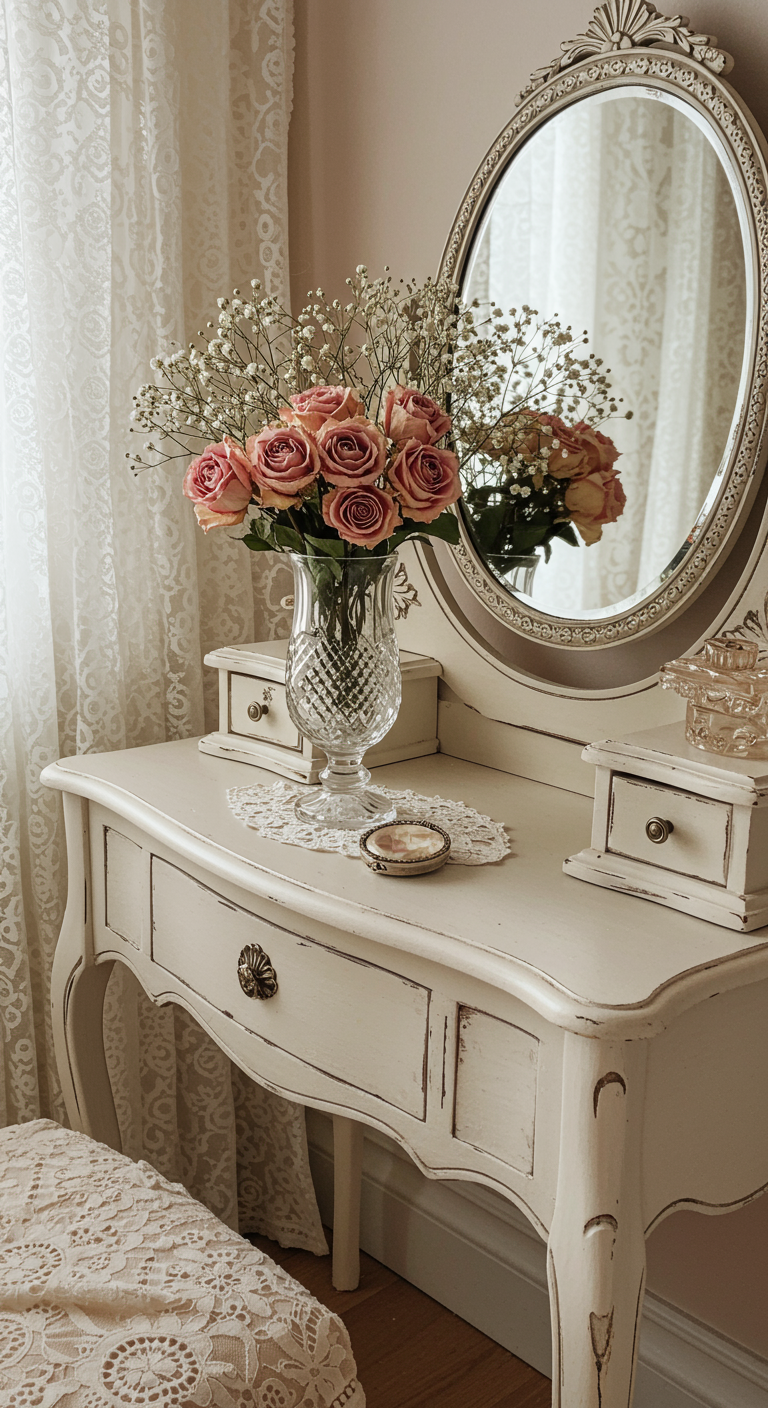 Getrocknete Rosen und Schleierkraut in einer Kristallvase auf einem weißen Vintage-Schminktisch.