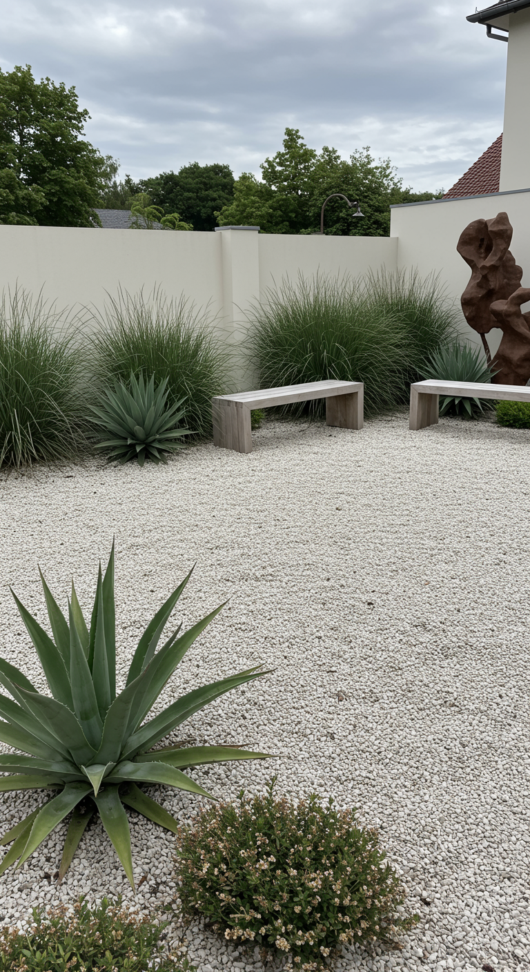 Minimalistischer Garten mit hellem Kies, Agaven, Gräsern und schlichten Holzbänken.