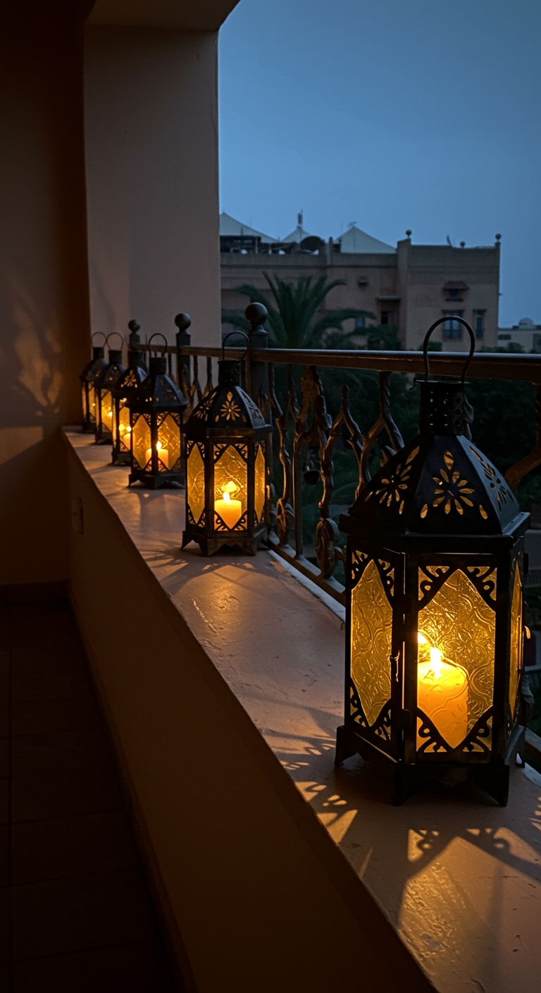 Mehrere orientalische Metall-Laternen mit Kerzenlicht stehen auf einer Balkonbrüstung.