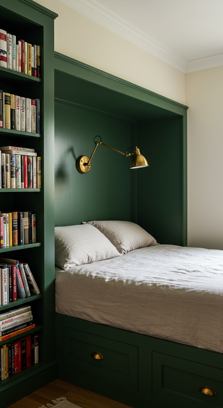 Dunkelgrüne Einbaunische mit Bett und Bücherregalen.