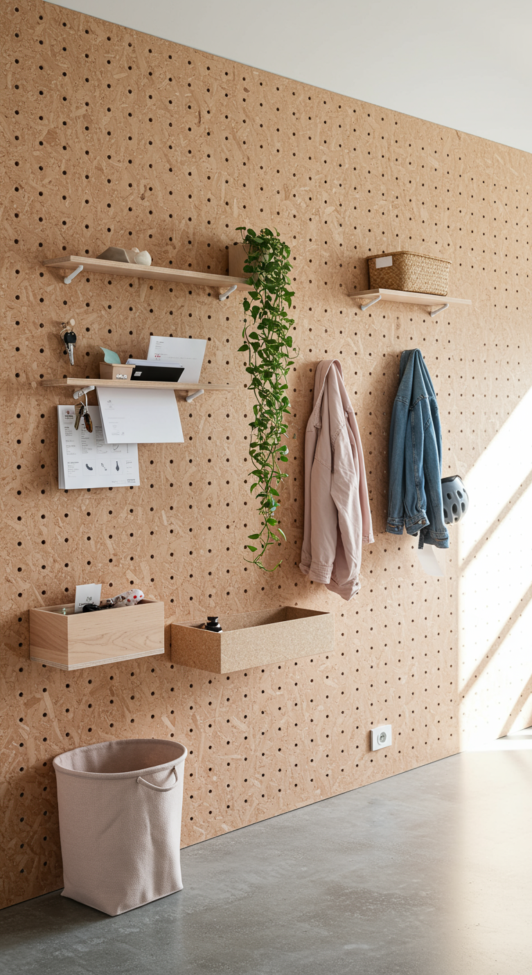Große Lochwand (Pegboard) aus Holz im Flur mit Regalen, Haken und Pflanzen.