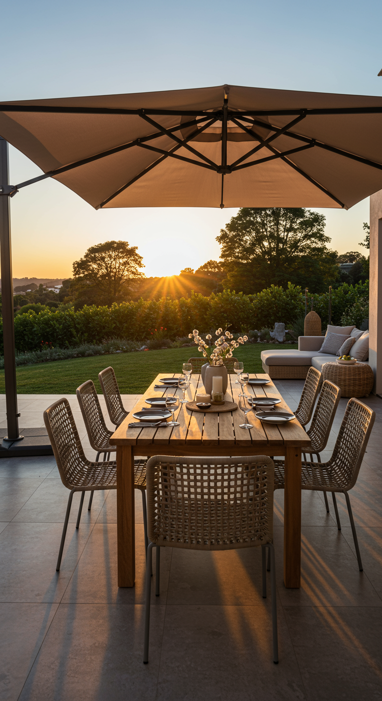 Großer Holztisch mit geflochtenen Stühlen auf einer Terrasse mit Blick auf einen Sonnenuntergang.