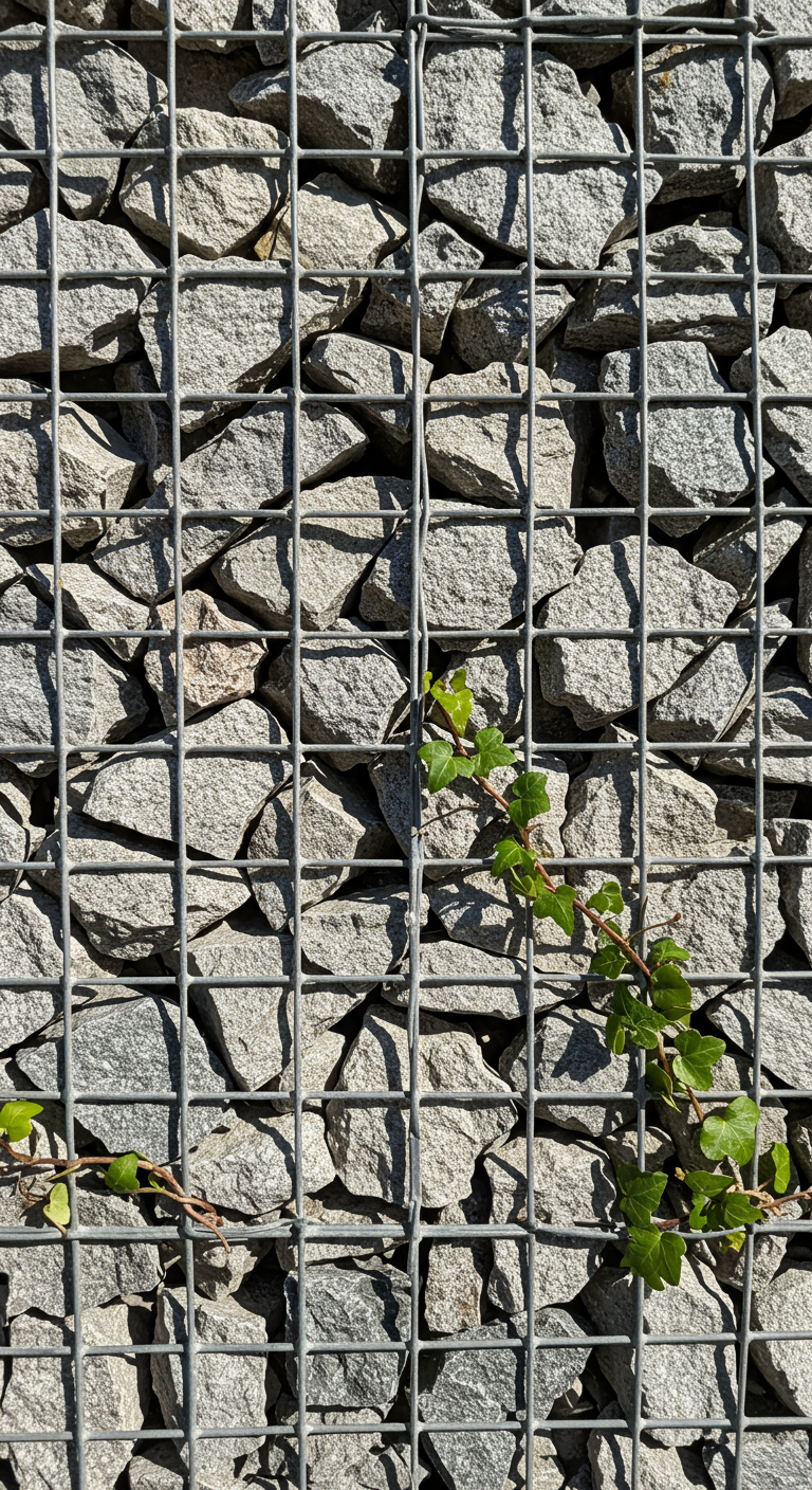 Nahaufnahme einer Gabionenwand mit grauen Bruchsteinen und einer Efeuranke.