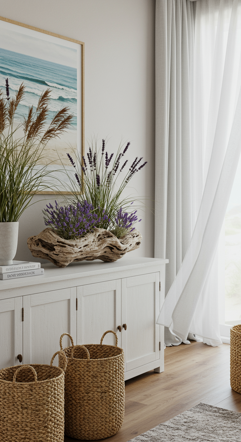 Trockengräser und Lavendel arrangiert in einem großen Stück Treibholz auf einem weißen Sideboard.