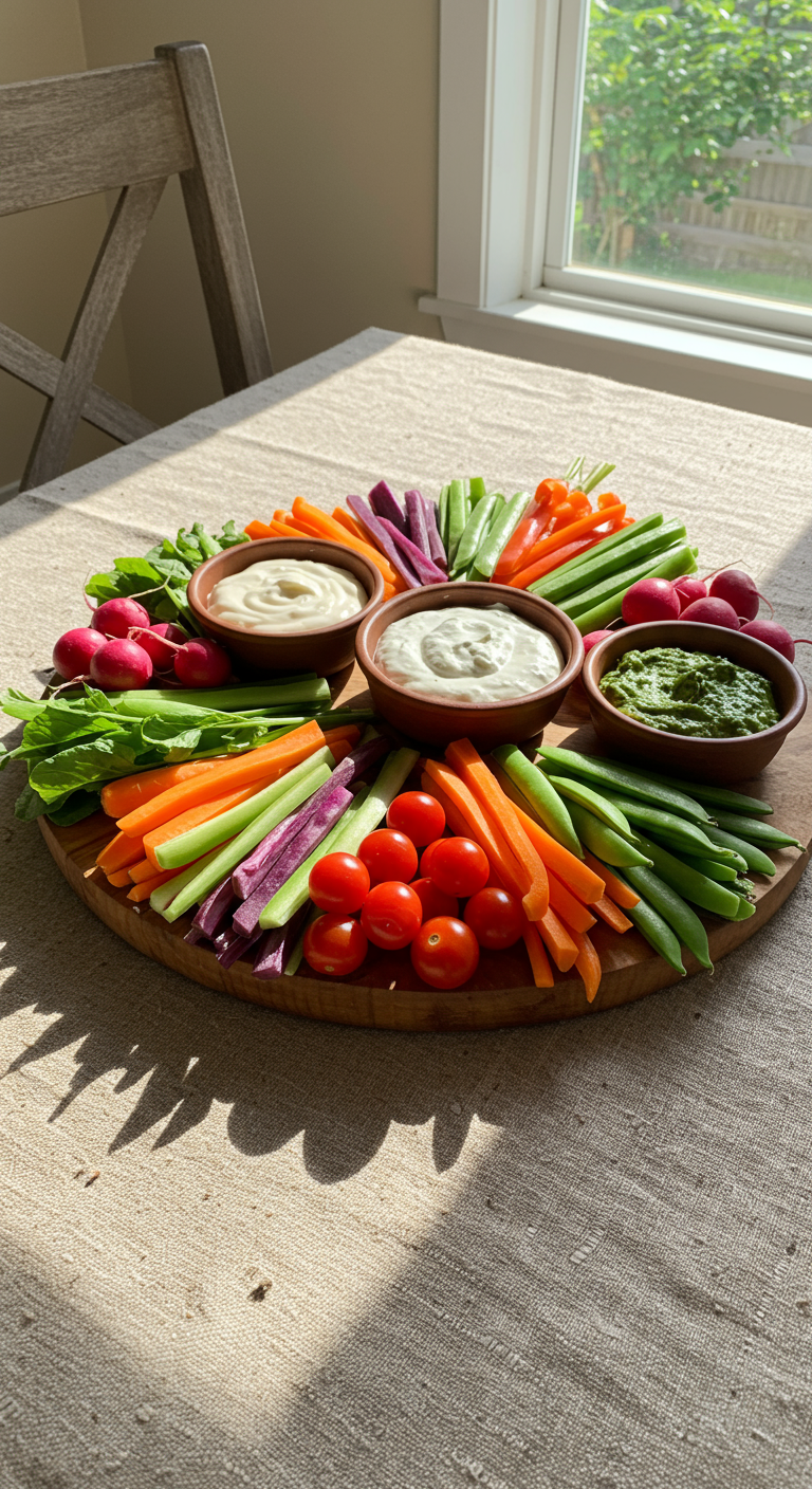 Runde Holzplatte mit buntem Rohkostgemüse und verschiedenen Dips.